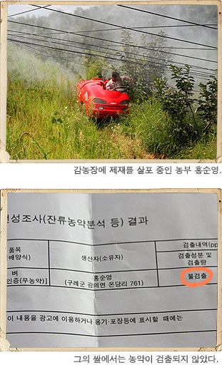 <감농장에 제재를 살포 중인 농부 홍순영>, <그의 쌀에서는 농약이 검출되지 않았다>